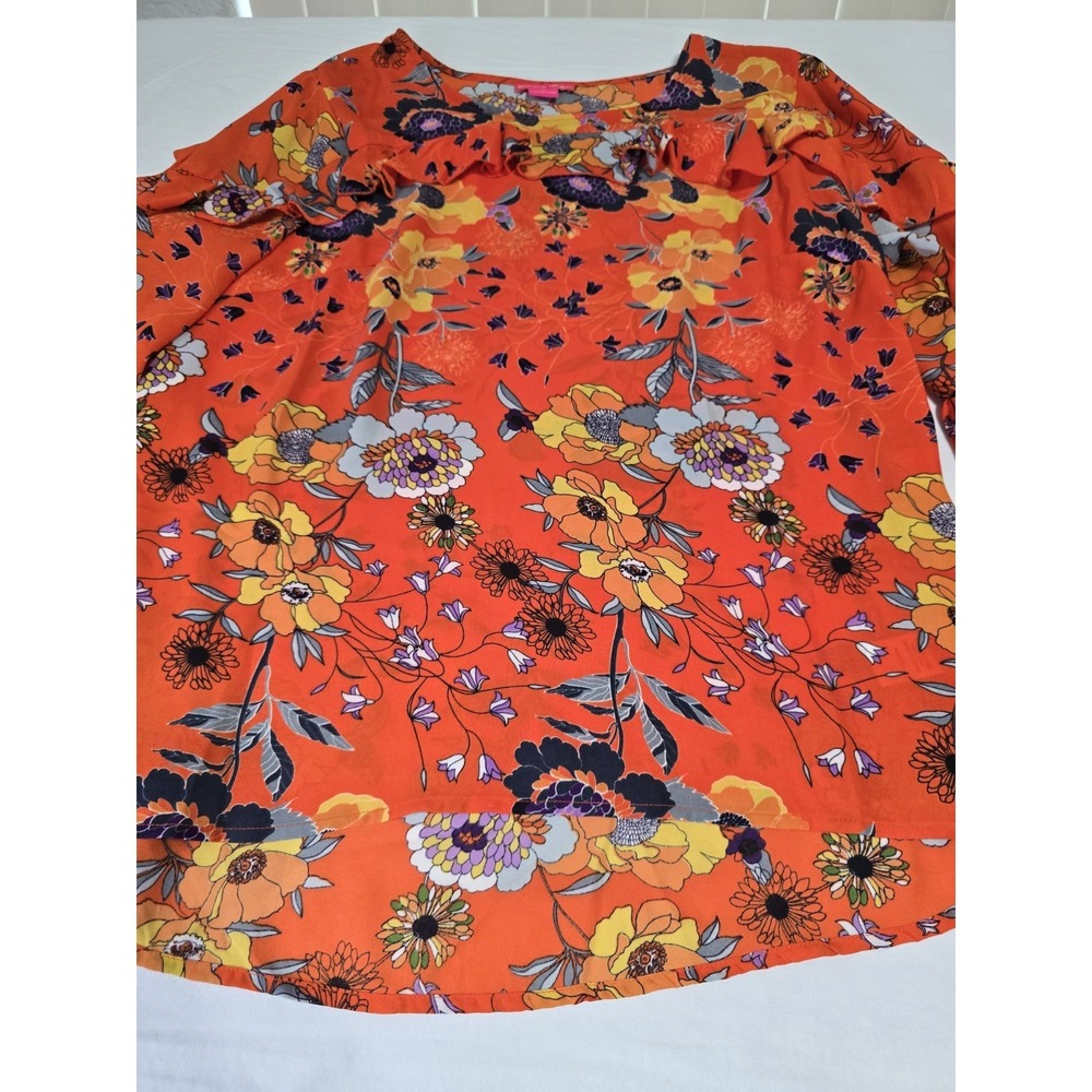 Sunny Leigh Women's XL Orange Floral Blouse Ruffle 3/4 Sleeves - Picture 2 of 8